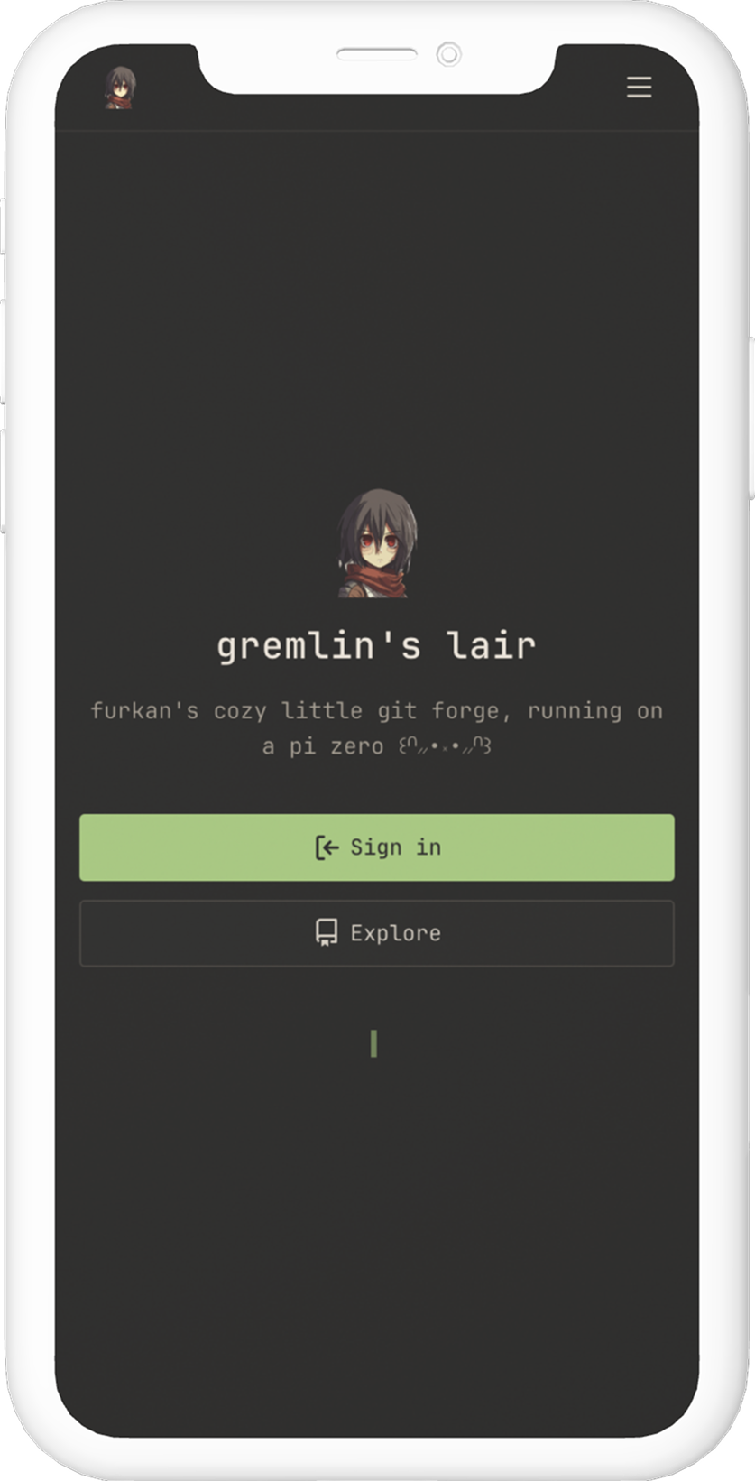 gremlin's landing page on mobile showing custom logo, warm dark theme, green sign-in button