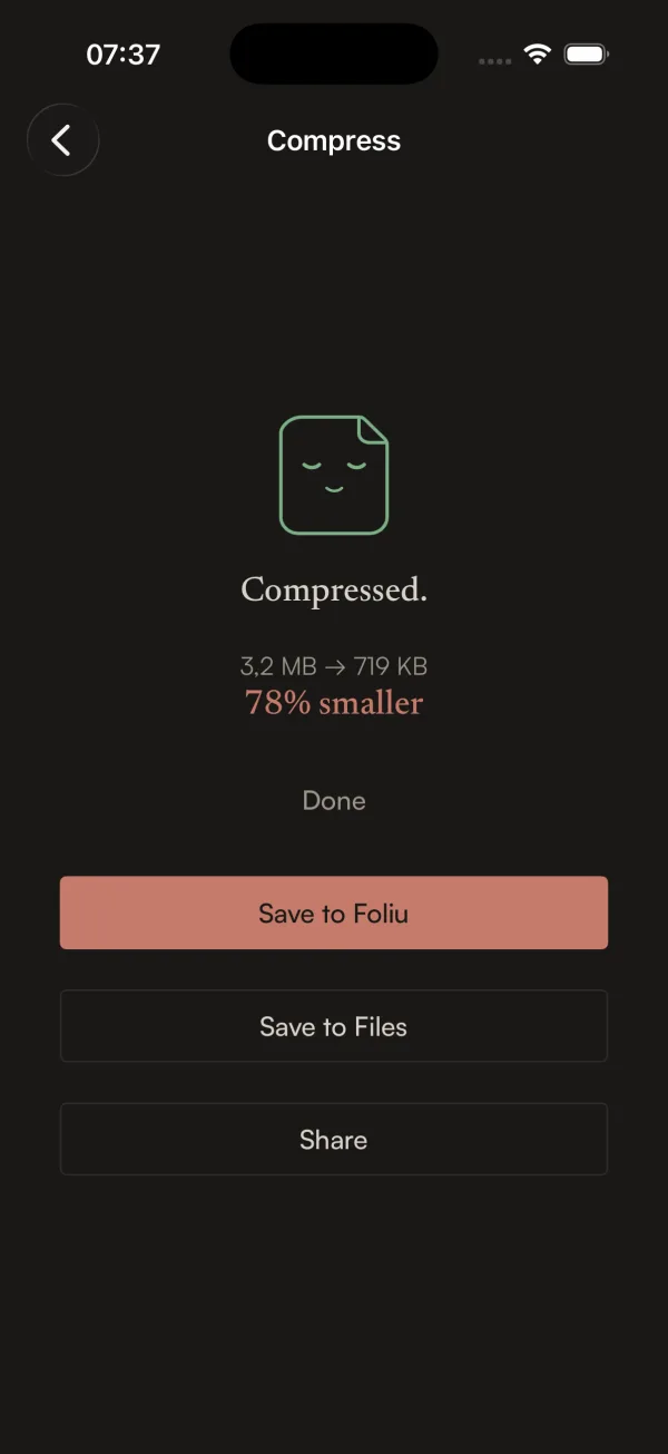 the compress result screen with the sleepy satisfied mascot