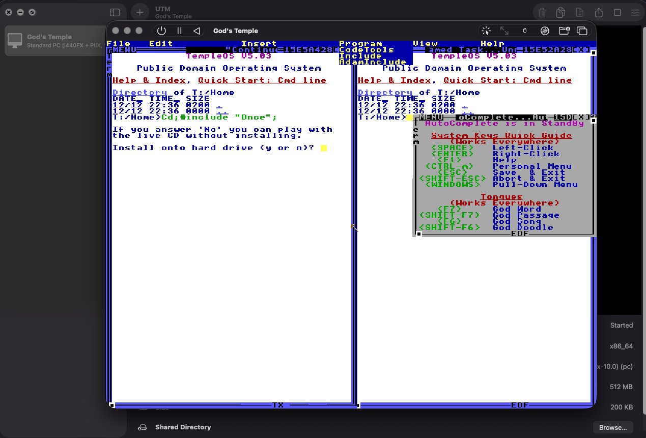 TempleOS frozen with ghost menus